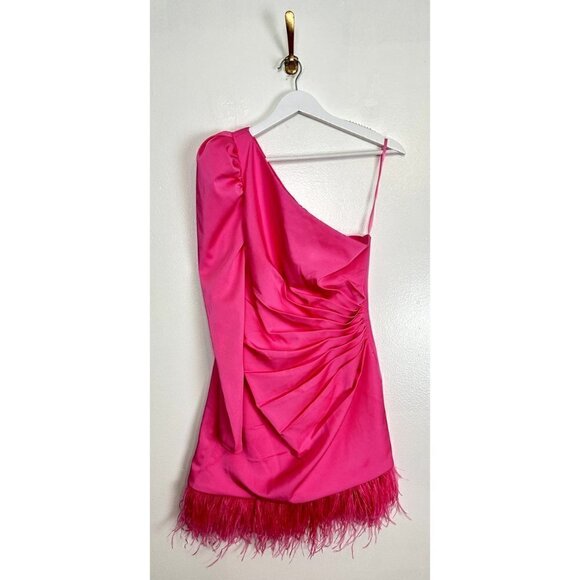 MAC DUGGAL Feather Trim One-Shoulder Long Sleeve Minidress Candy Pink Size US 4 - Picture 2 of 9
